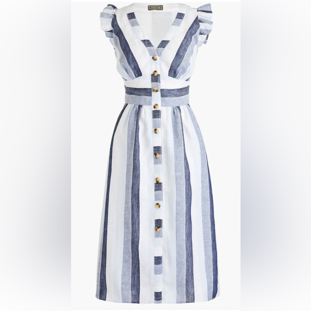 J.Crew Point Sur Button-front linen midi dress in faded indigo stripe size 10 - Picture 3 of 11